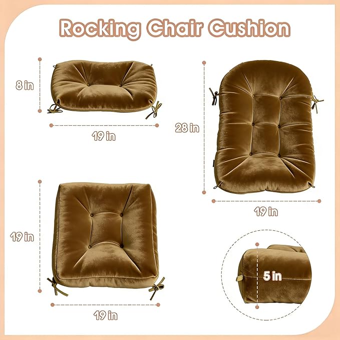 Rocking Chair Cushion Indoor Large Chair Pads Set with Ties Extra Lumbar Pillow Premium Dutch Velvet High Resilience Filler Non-Slip Bottom, Khaki