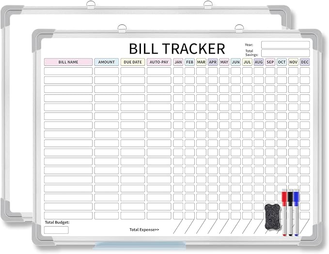 24 x 18 Inch Monthly Bill Payment Tracker Organizer Whiteboard Aluminum Frame Wall Monthly Bill Payment Checklist Magnetic Dry Erase Board Planner for Personal Budgeting Financial(Classic)