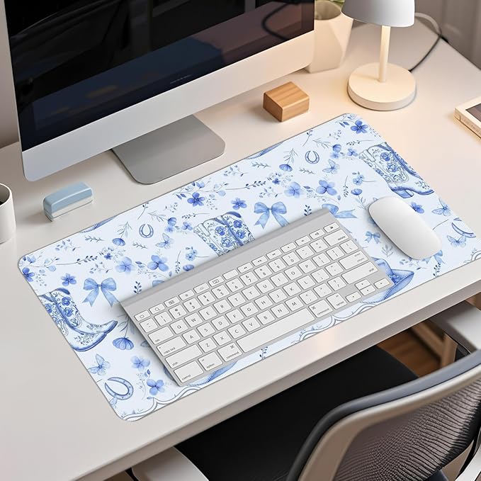 Western Cowgirls Desk Mat,Blue and White Floral Bow Mouse Pad,Blue Chinoiserie Large Mouse Pad,Preppy Coquette Girly Laptop Desk Mat for Dorm Western Accessories Gaming Mousepad 23.6x11.8In