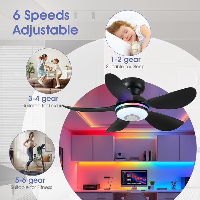 36" Ceiling Fans with RGB Lights Remote/APP Control,Low Profile Ceiling Fan,3 CCT Dimmable White Lights+RGB Ring Lights+Music Player,5 Reversible Plastic Blades 6 Speeds for Kidsroom,Black