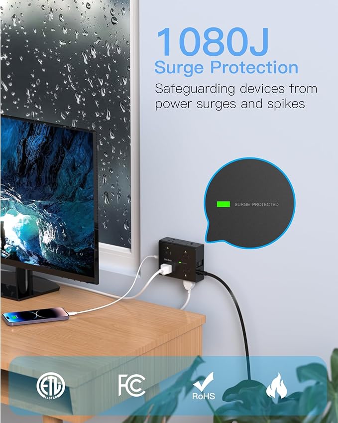 6Ft Extension Cord with Multiple Outlets, Flat Plug Surge Protector Power Strip 6 Ft Long Cord, 8 Outlets & 4 USB Ports (2 USB C), Desk Charging Station for Home Office, College Dorm Room Essentials