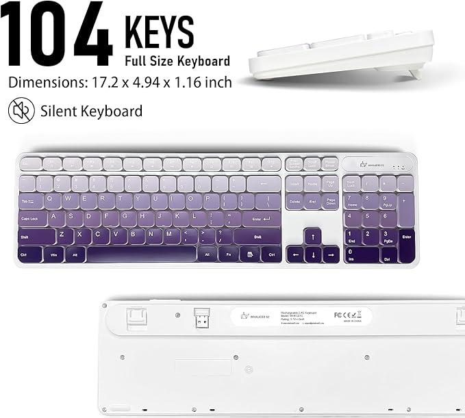 Wireless Keyboard and Mouse Combo - 2.4G Wireless, Rechargeable, Low-Noise, Cute Colorful, Full-Sized, 3 DPI Adjustable Mouse, for Computer, Laptop, PC, Desktop (Gradient Purple)