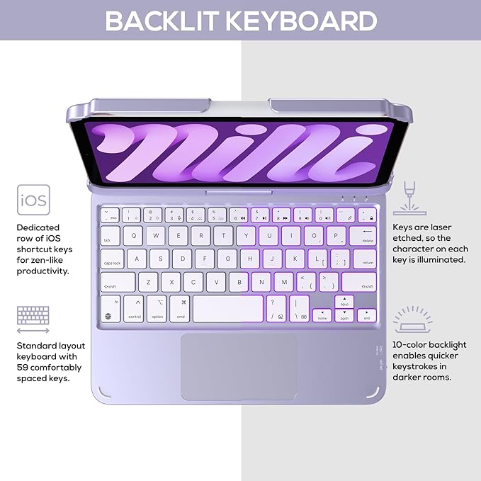 typecase Keyboard Case for iPad mini 7 (2024) & mini 6 (2021) - Wireless Case with Keyboard for iPad mini 7th 6th Generation 8.3" - 11 Colors Backlit Keyboard Cover with Trackpad - Light Purple