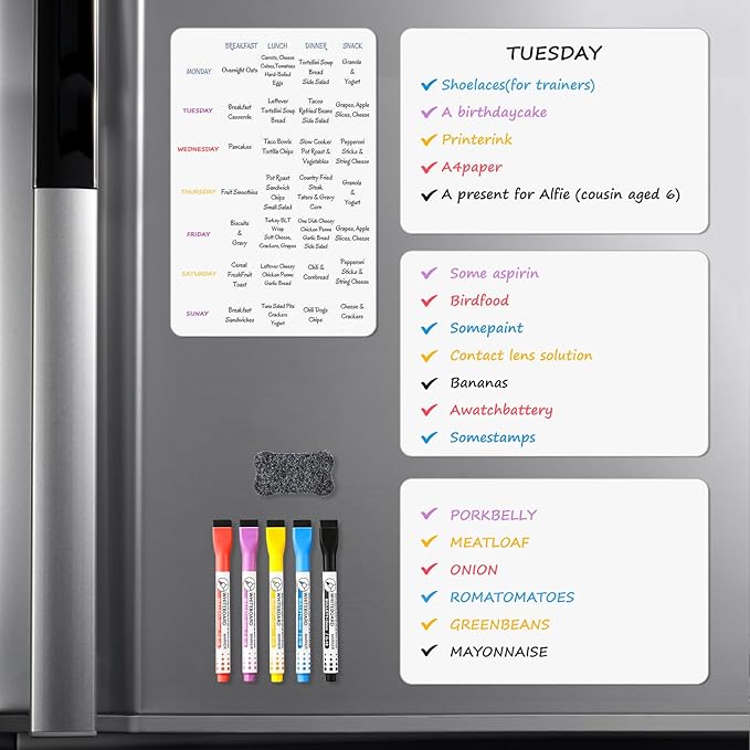 Magnetic Whiteboard for Fridge, 4-Pack Dry Erase Boards (12×8 in) with 5 Markers & Eraser, Strong Magnet & Stain-Resistant Surface, Reusable Message Board for Fridge, Family Planner & Kitchen Notes