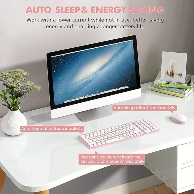 Wireless Keyboard and Mouse Combo, XTREMTEC Cute Compact -Size Pink Retro Round Keycap, Ultra Thin Quiet 2.4GHz Retro Kawaii Keyboard for Mac/PC/Laptop (Sakura Pink)