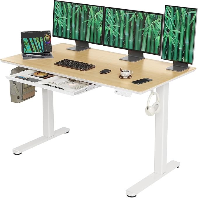 INNOVAR Bamboo Standing Desk with Drawers,55 Inch Adjustable Stand Up Desk,Quick Install Electric Home Office Stand Desks with Whole-Piece Board,Adjustable Height Computer Desks,White Frame/Bamboo Top