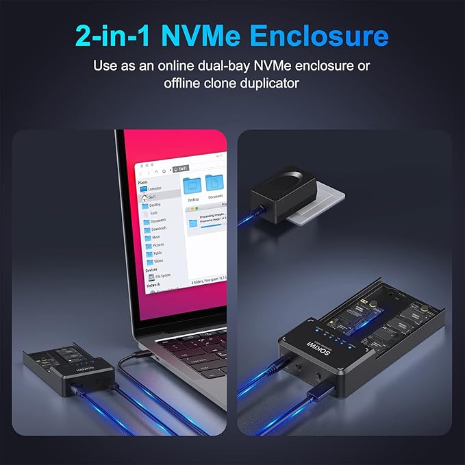 Sokiwi 10Gbps NVMe Docking Station with Cooling Fan - Dual-Bay Offline Clone Tool-Free NVMe M.2 SSD Enclosure for 2230/2242/2260/2280 SSDs (up to 8TB)