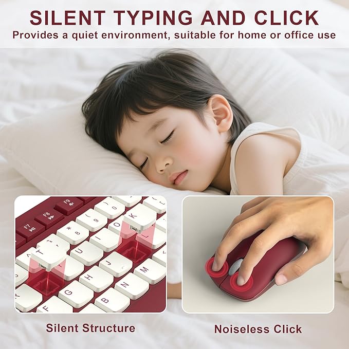 Wireless Keyboard and Mouse Combo, Full-Sized Wireless Keyboard and Adjustable DPI Mouse, 2.4GHz USB Receiver, Keyboard and Mouse for PC, Windows, Desktop, Laptop (Wine Red-B)