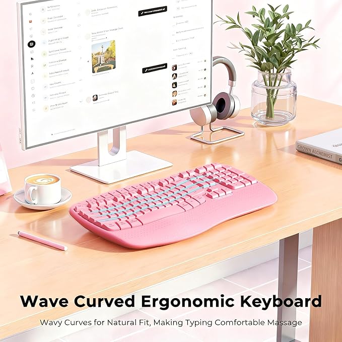 MEETION Wireless Ergonomic Keyboard, Wave Keys Wrist Rest for Natural Typing, 2.4G USB-A Cordless Receiver and USB-C Adapter, Ergo Computer Keyboard Compatible with Windows/Mac/PC/Laptop, Pink