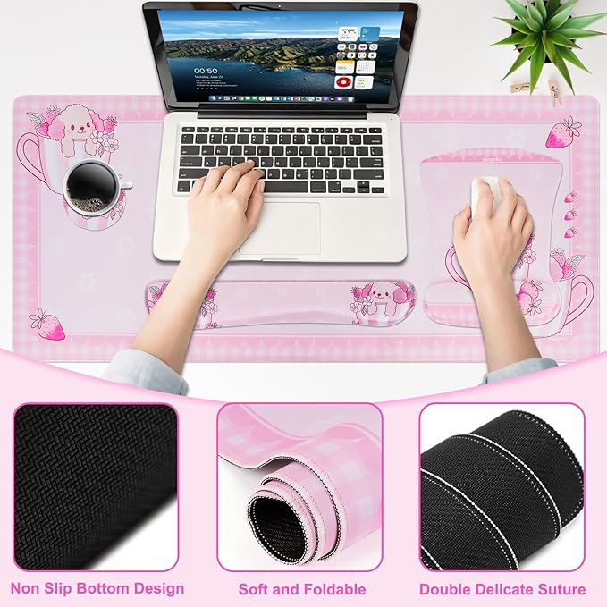 MEGREZ 4-in-1 Ergonomic Memory Foam Wrist Rest Set, Desk Pad, Mouse Pad with Wrist Rest, Keyboard Pad, Suitable for Office Workers, Programmers & Gamers–Relieve Typing & Gaming Fatigue, Pink