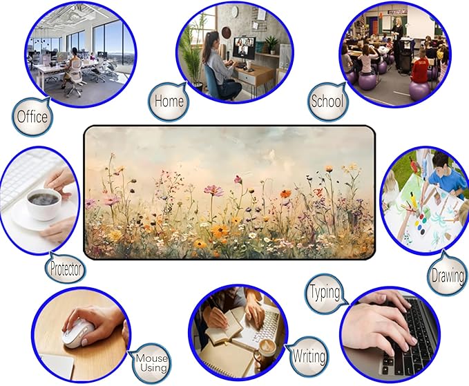 Beige Watercolor Flower Desk Mat, Oil Painting Style Desk Matt, Plant Flower Mouse Mat, Game Desktop Cover Mat, Women's Laptop Keyboard and Mouse Pad, Bohemian Office Desk Decor 31.5"X15.7"