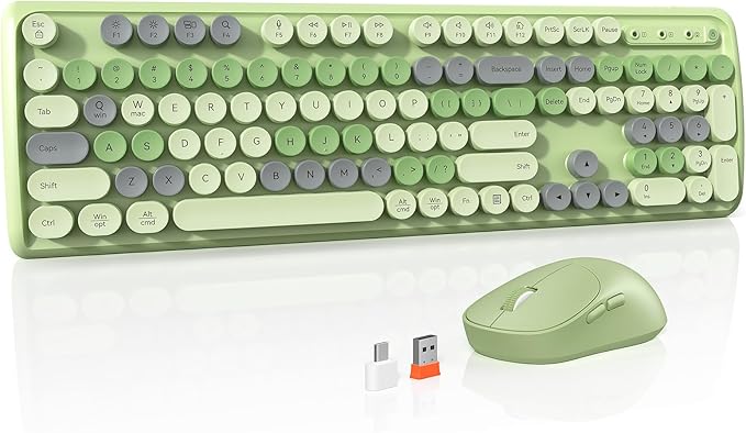 Colorful Wireless Computer Keyboards Mouse Combos,Full-Size Retro Typewiter Keyboard, 4 Level DPI Adjustable Wireless Mouse, 2.4GHz Connection with Optical Mouse, Green