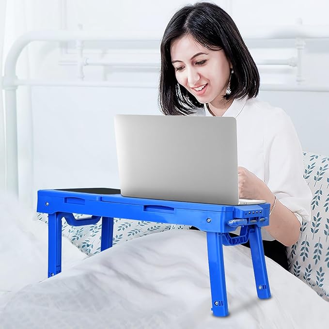 Foldable Laptop Table with Cooling Fan, LED Light, 4 x USB Ports, Mouse Pad & Storage Groove for Laptop Use in Home Office