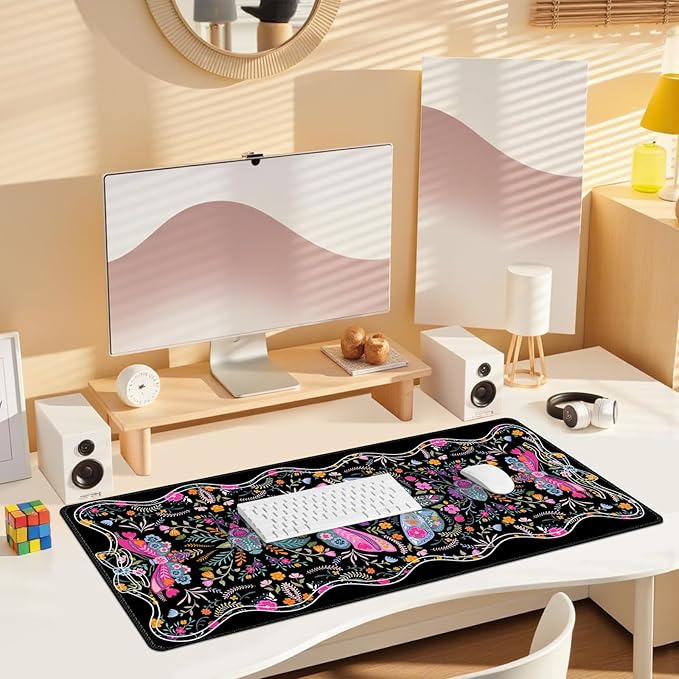 Desk Mat for Keyboard and Mouse, Large Non-Slip Mouse Pad Keyboard Pad, Computer Mats for Desktop, Cute Desk Pad with Stitched Edges for Office, Gaming I Black Colorful Folk Art
