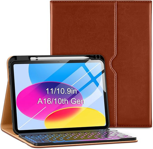 VIKESI Keyboard Case for iPad (A16,2025) 11th Generation/iPad 10th Generation Case (10.9" 2022),Premium Leather Smart Cover,Built-in Breathing Light,Function Row,Pencil Holder,Card Slots - Tea Brown