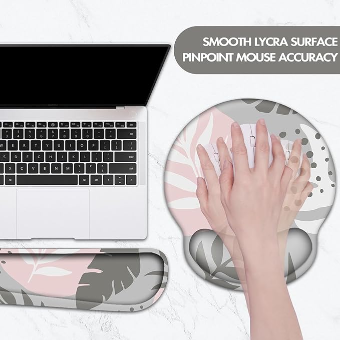 Keyboard Wrist Rest, Ergonomic Mouse Pad Wrist Support, Memory Foam Wrist Rest, Anti-Slip Base, Mousepad with Coaster for Computer Keyboard Office Home, Tropical Leaves