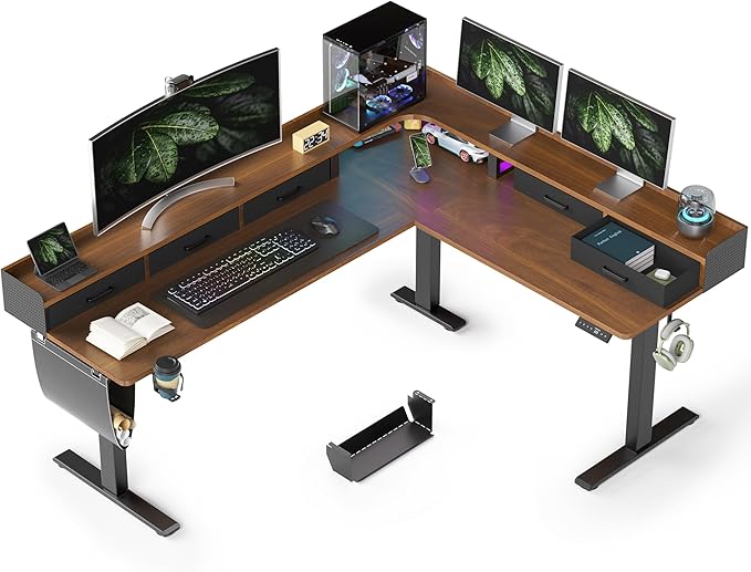 75 Inches Height Adjustable L Shaped Standing Desk with 5 Drawers and Monitor Shelf, Electric Sit to Stand Home Office Comupter Table, Ergonomic Corner Gaming Desk, Black Walnut