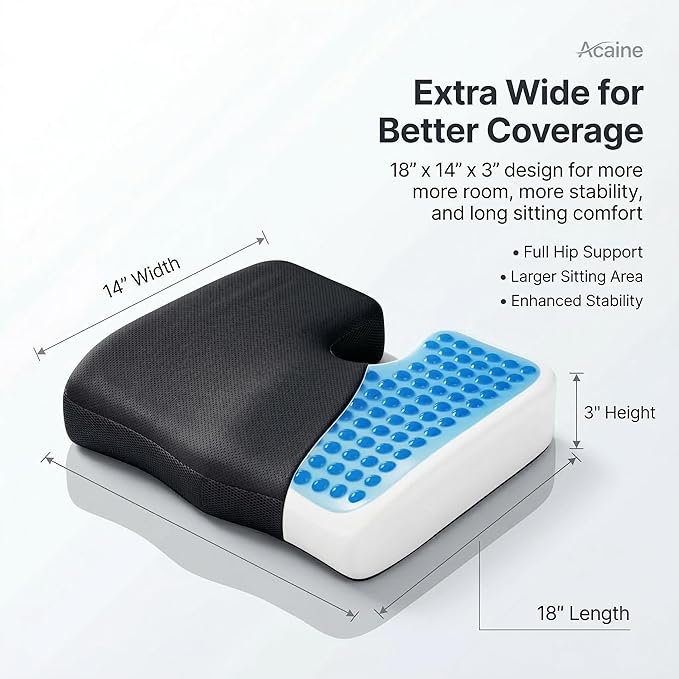 Extra Wide Cooling Gel Seat Cushion for Wheelchair & Office Chair, Waterproof Silk Cushion for Hip & Lumbar Support, Pressure Relief for Long Sitting, Sciatica & Tailbone Pain