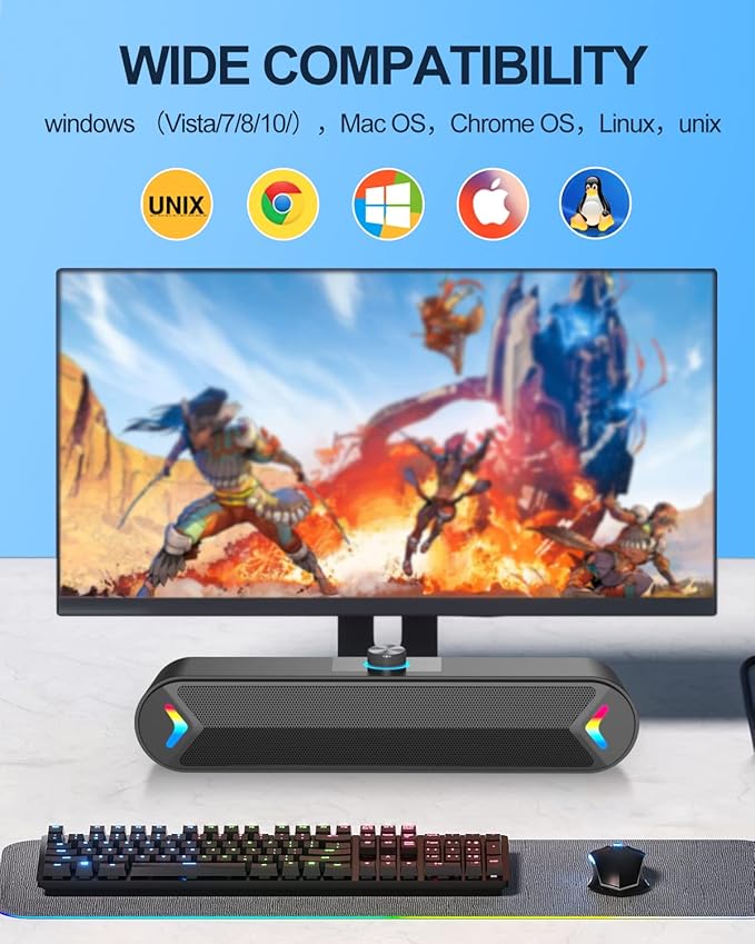 LENRUE Computer Speakers for Desktop,PC Speakers with Basic Stereo Sound & Colorful Lights, Single USB for Both Power and Audio,Desktop Laptop Sound Bar Speakers for Gaming,Movies,Music