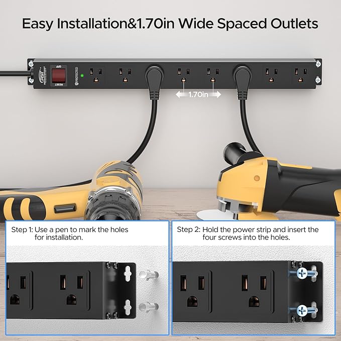 CRST 8 Outlet Metal Heavy Duty Power Strip, 2100J Surge Protector with 6FT Cord, 15A/1875W Wide Spaced Mountable Industrial Power Strip for Garage/Workshop/Office
