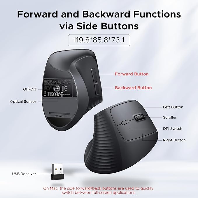 UGREEN 2.4G Mouse Wireless Vertical Ergonomic Mouse, Adjustable DPI Office Cordless 6 Buttons, Computer Mouse with 1000/1600/2000/4000 DPI for Windows/Mac OS etc