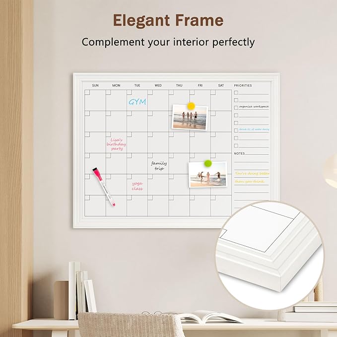 DOLLAR BOSS Magnetic White Board Calendar 24''x 18'', Monthly Dry Erase Planner for Wall with White Wood Style Frame for Office, School, Dorm, Home Decor