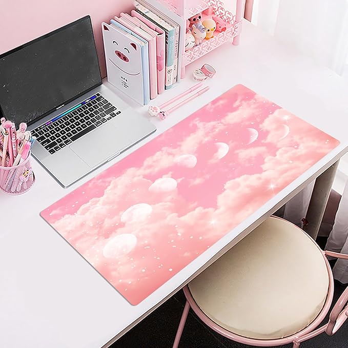 EOBTAIN Pink Cloud Desk Mat for Keyboard and Mouse,Cute Pastel Large Mouse Pad Computer Gaming Mat Desk Accessories Decor,Stitched Edges and Smooth Non-Slip Rubber Mousepads,31.5x15.7 Inch