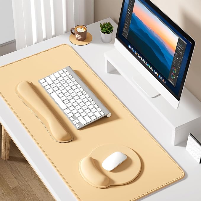 Dapesuom Large Gaming Mouse Pad, Mouse Pads with Wrist Rest Wrist Support, 4in1 XXL Desk Mat Desk Pad + Ergonomic MousePad + Memory Foam Keyboard Mat Wrist Rest + Coaster Set for Computer,Navajo White