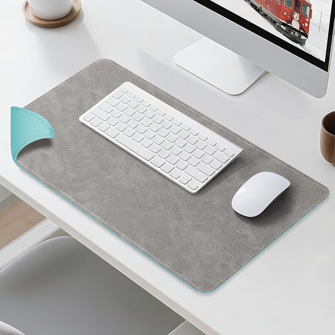 Imitation Crazy Horse Leather Desk Mat - Waterproof Desk Pad - Ideal for Large Mouse Pad and Desk Mats on Top of Desks (Light Gray+Light Blue, 25"*13")