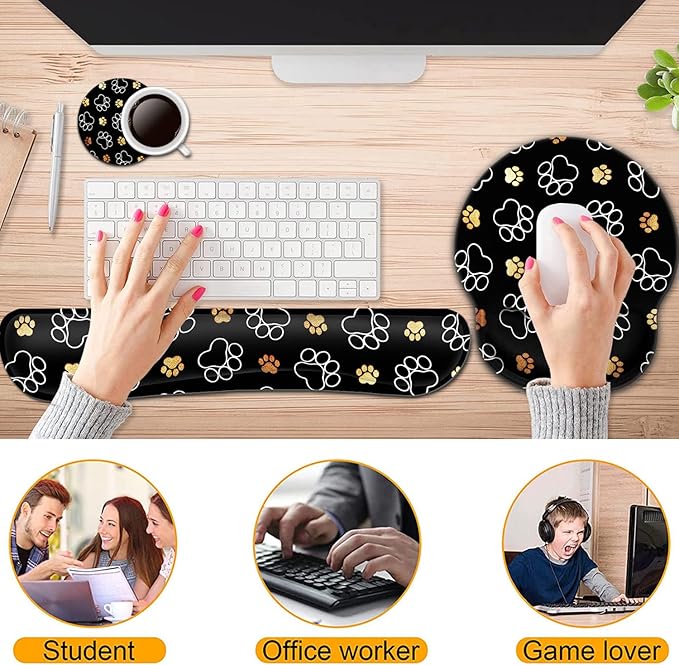 Keyboard Wrist Rest and Mouse Pad with Wrist Support, Ergonomic Gel Mouse Pad Coaster for Easy Typing Pain Relief, Memory Foam Keyboard Mousepad Set,Cute Dog Paw Prints Gold White