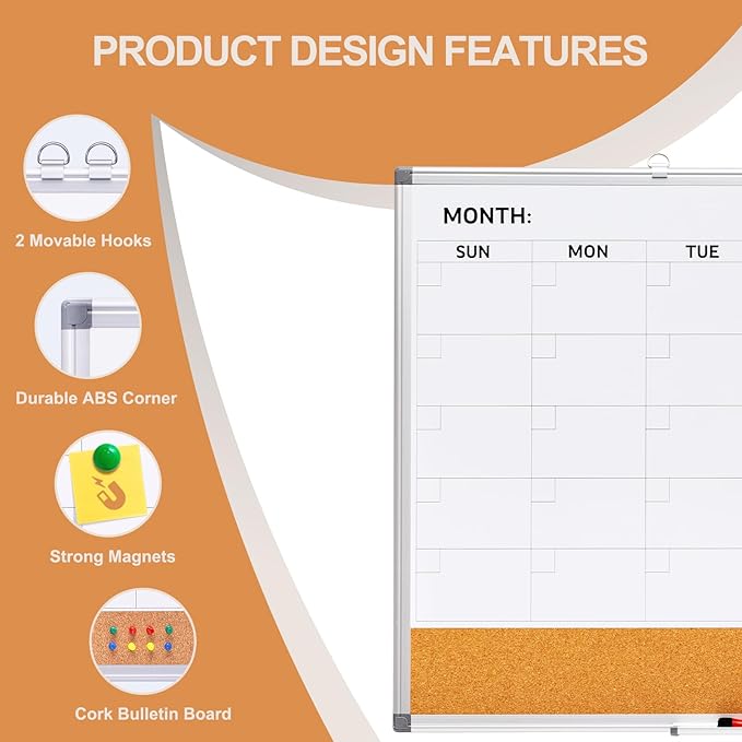 Comix Dry Erase Calendar Whiteboard Corkboard Combo, 36 * 24 inch Monthly Calendar and Bulletin Board Combination for wall, Aluminum Frame Planner with Dry Erase Markers, Magnets, Push Pins