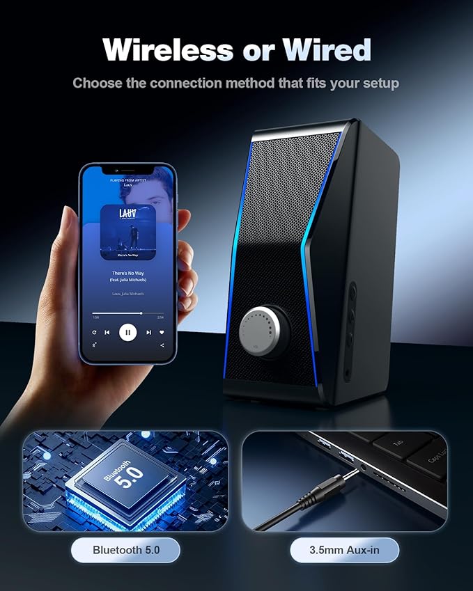 Nylavee Computer Speakers, Hi-Fi Stereo Sound PC Speakers with Bluetooth 5.0 and 3.5mm AUX-in, 14W AC Powered, Built-in Equalizer Modes and RGB Lights for Desktop PC, Monitor, Laptop, PS5, Xbox