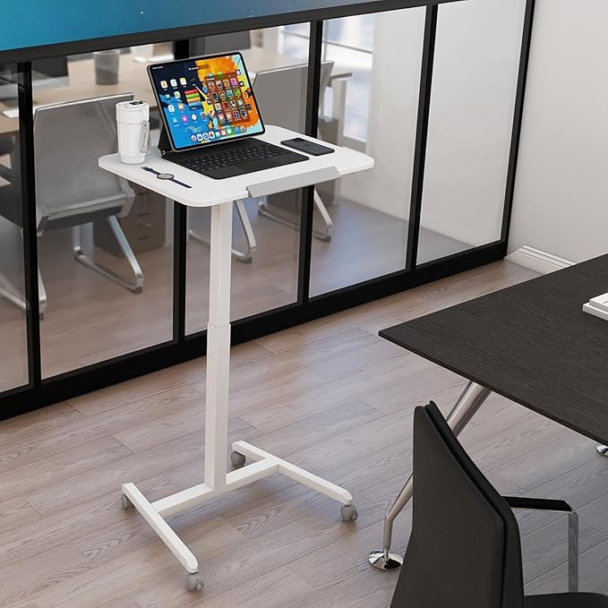 PUNCIA 90°Tiltable Small Standing Desk with Stoppers Mobile Rolling Laptop Table on Wheels Pneumatic Adjustable Height Computer Workstation Stand Up Cart Bedside Overbed Table for Home Office White