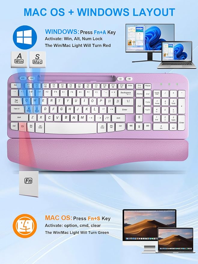 Wireless Keyboard and Mouse Combo, Wave Keys Computer Ergonomic Keyboard with Cushioned Plam Rest, Phone Holder, 2.4GHz Silent 6 Button Wireless Mouse Set for Laptop, PC, Windows, Mac (Purple)