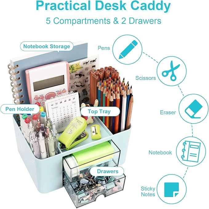 Plastic Pen Organizer, Multifunctional Desk Organizer with 2 Drawers, 4 Compartments & a Top Tray, Pencil Holder Desktop Organizers and Accessories for Office, 7.7" x 5.5" x 3.9" (Blue)