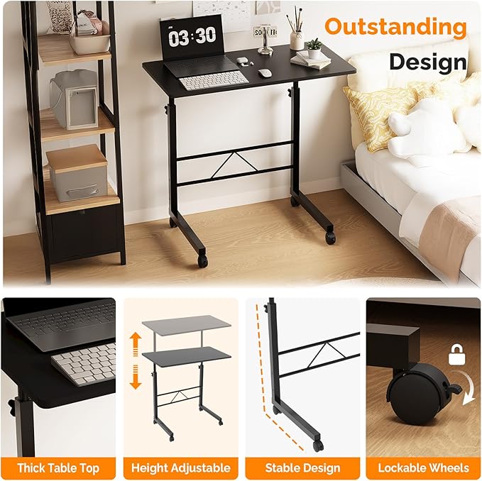 FCH Computer Workstation, Standing Desk Adjustable Height, Small Computer Desk w/Rolling, Sit Stand Laptop Desk TV Tray Computer Workstation for Bed Sofa Hospital Reading Eating, 31.5", Black