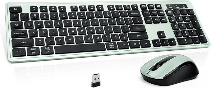 Wireless Keyboard and Mouse, 2.4GHz Cordless Silent Keyboard Mouse Combo, Optical Mouse, Plug and Play USB Receiver, Compatible with Windows, Mac, Laptop, and PC – Ideal for Office Use（Black Green）