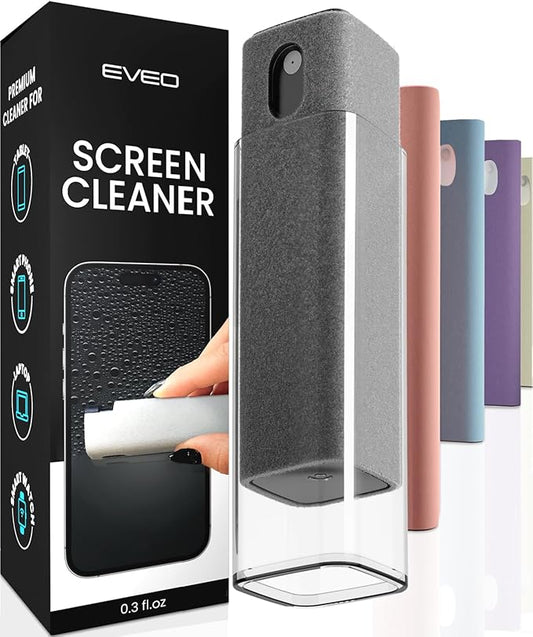 EVEO Screen Cleaner Spray and Wipe - 2-in-1 Car Screen Cleaner & iPhone Cleaner Touchscreen Mist Cleaner for Laptop, Computer, MacBook, iPad and More - 1 Pack (Grey)