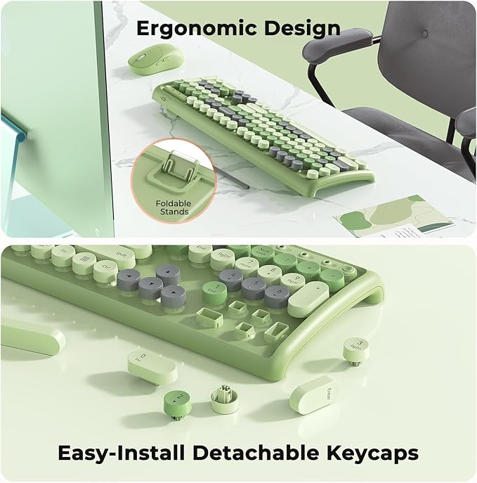Colorful Wireless Computer Keyboards Mouse Combos,Full-Size Retro Typewiter Keyboard, 4 Level DPI Adjustable Wireless Mouse, 2.4GHz Connection with Optical Mouse, Green
