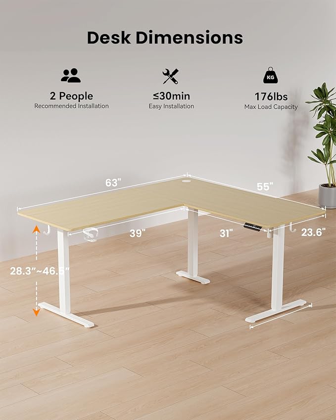 63 Inches Reversible L Shaped Standing Desk for Home Office, Electric Height Adjustable Corner Computer Desk, Sit Stand up Table with Cup Holder, Ergonomic Gaming Desk, Oak