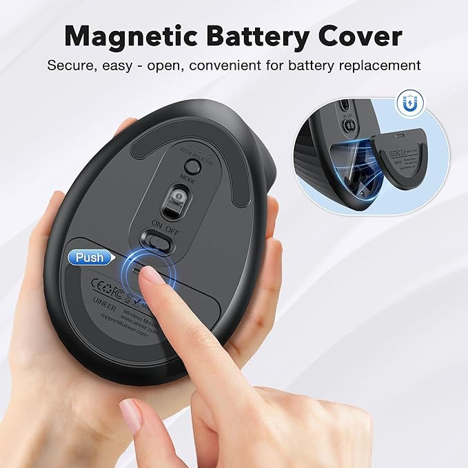 Uineer Ergonomic Bluetooth Mouse 5.0/4.0 Mouse, 2.4GH Vertical Wireless Mousewith USB-A Receiver, Battery Powered, 3 Multi-Device Connectivity for Computer/PC/Laptop, 4 DPI Optical Gaming Office Mice