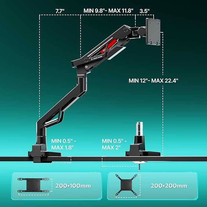 ARES WING Premium Monitor Arm, Ultrawide Monitor Stand up to 57” and 66 Lbs, Gas Sprinq Monitor Mount Height Adjustable and Extension Monitor Stand for Desk Various VESA Mount with Clamp/Grommet Base