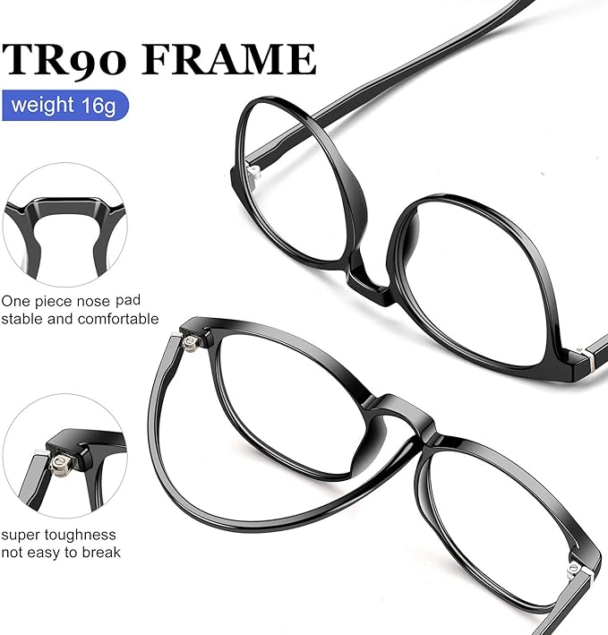 Blue Light Blocking Glasses Women/Men,Retro Round Anti Eyestrain Computer Gaming Glasses(Black+Blue)