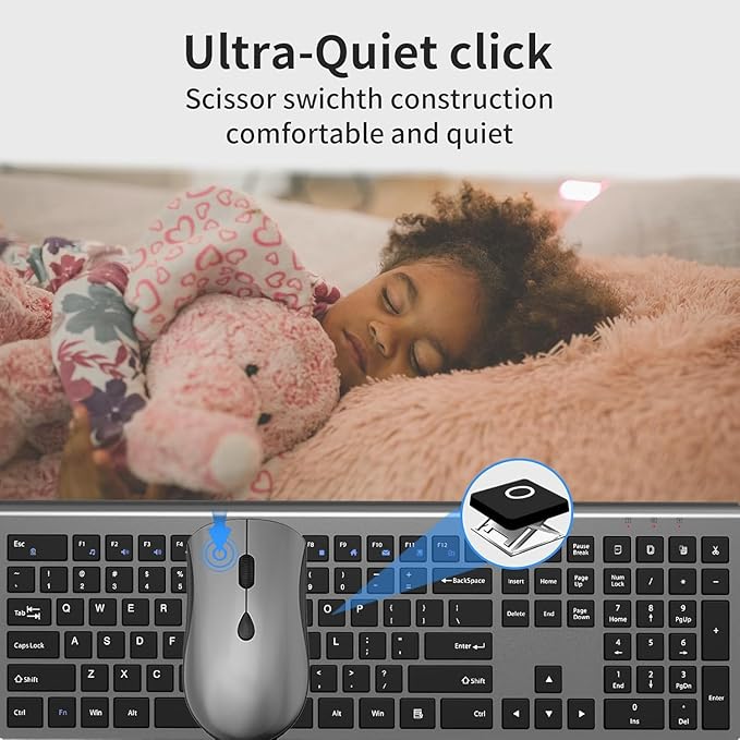 Wireless Mouse and Keyboard Combo, Silent Full-Size Computer Keyboard with Calculator Button, 2400 DPI Mouse, Quiet Click, Slim Cordless USB Set for Laptop PC Windows Mac - Space Grey（2 Pack）