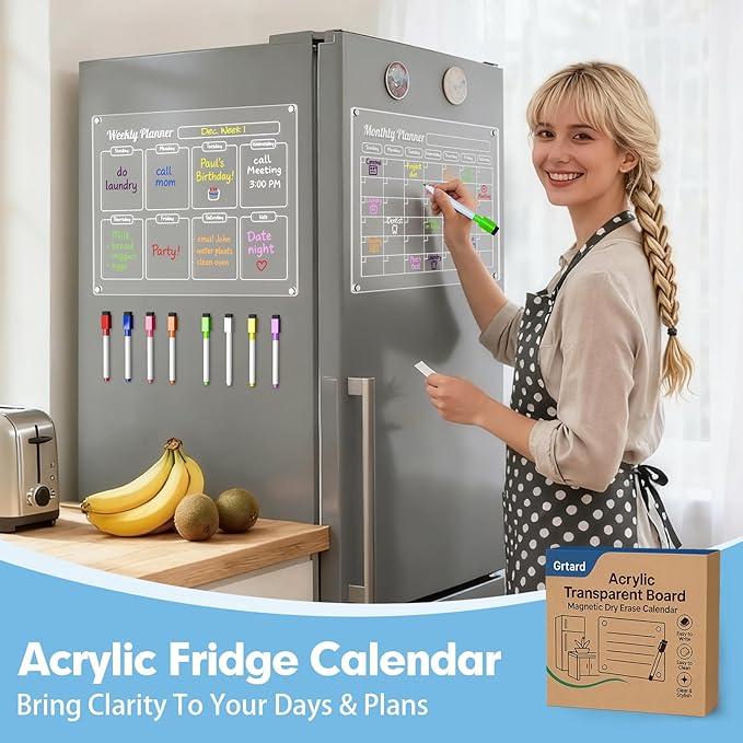 Grtard Acrylic Fridge Calendar Dry Erase Board for Fridge, 2 Pack Acrylic Calendar for Fridges, 16''x12'' Monthly & Blank Clear Magnetic Calendar White Board for Refrigerator with 8 Colorful Markers