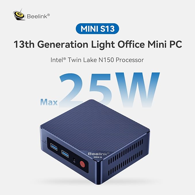 Beelink Mini PC, MINI S13 Intel Twin Lake N150 (Upgraded N100, 4C/4T), Mini Computer 16GB DDR4 RAM 500GB M.2 SATA SSD, Desktop PC Dual HDMI 4K UHD/2.5G Ethernet/WiFi6/BT5.2/W11 Home/HTPC