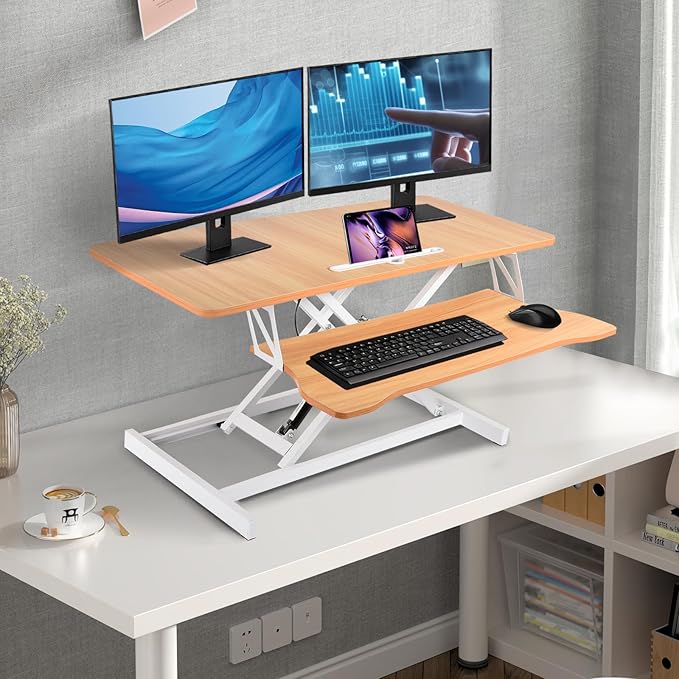 38-Inch Height Adjustable Standing Desk Converter, Duals Monitor & Laptop Riser with Wide Keyboard Tray, Sit to Stand Ergonomic Workstation for Home Office, School, Business, Log Color