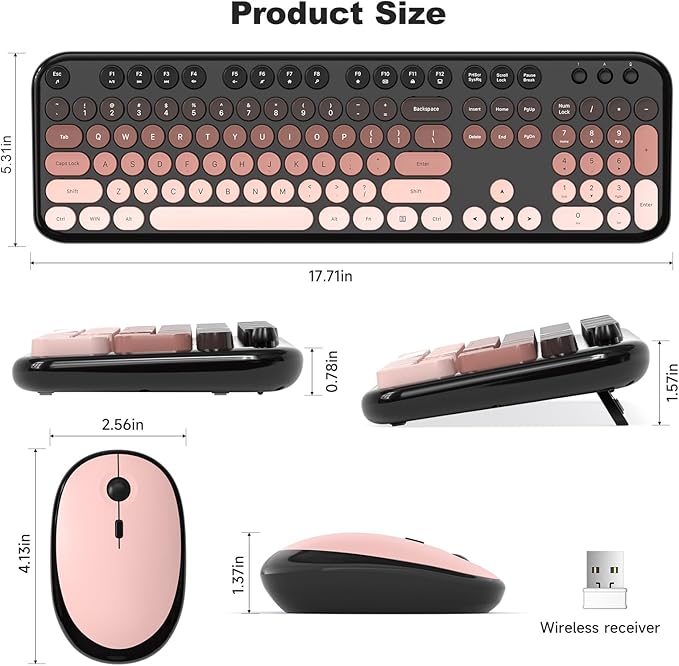 Wireless Keyboard Mouse Combo - Lovely BlackBerry-Gradient Rainbow Full-Sized Typewriter Colorful Keyboards, Round Keycap Plug Play Retro Cute Keyboards for Windows, Laptop, PC, Desktop, Computer