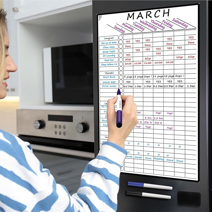 Multi-Use Magnetic to Do List White Board Chore Chart List for Refrigerator 17.3x11'' Goal Task Habit Tracker Monthly Weekly Homework Child Calendar Family Grocery Fridge Dry Erase Board