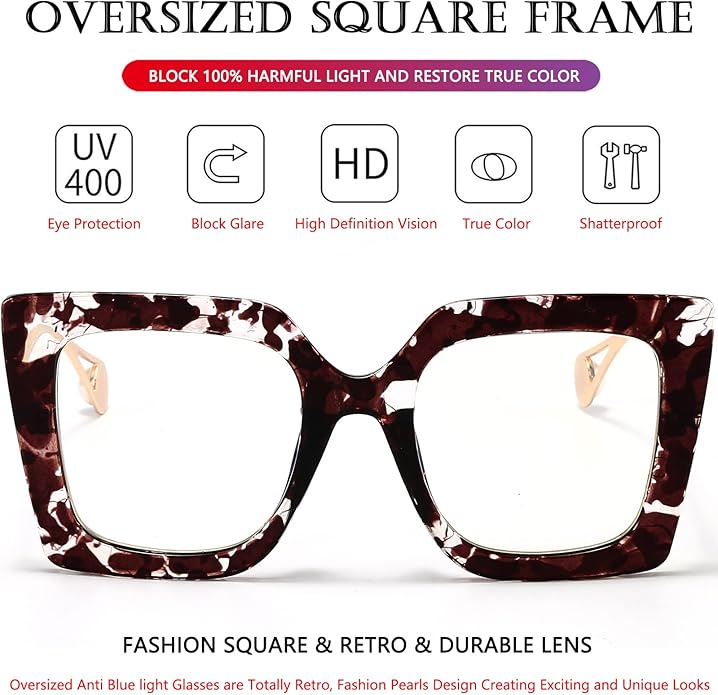 AIEYEZO Oversized Blue Light Glasses for Women, Anti Fatigue Prevent Headache Computer Eyeglasses